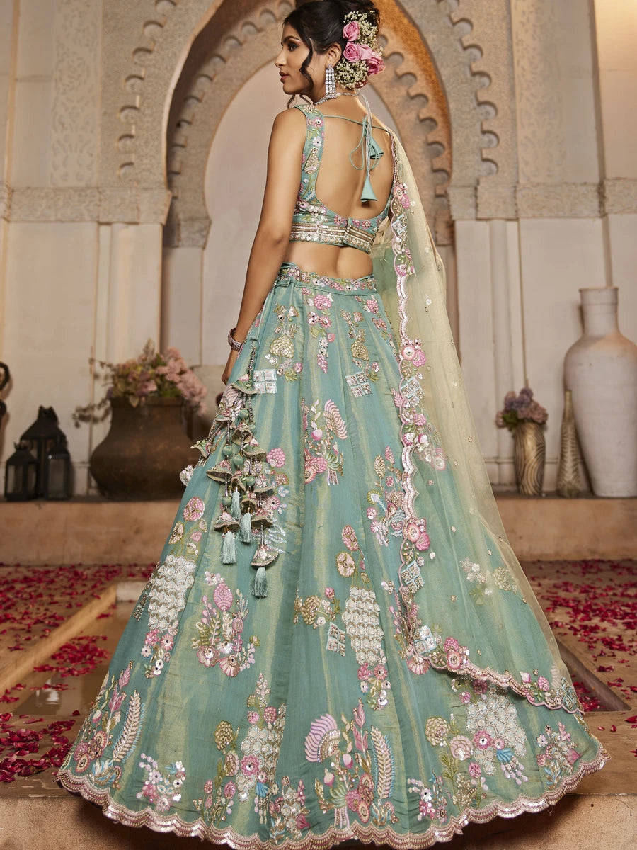 Stone embellished sea green lehenga choli