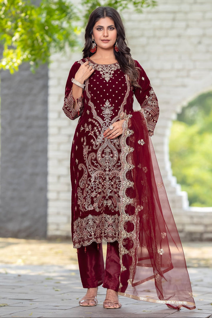 Elegant Maroon Velvet Suit | Chic Ethnic Wear with a Gorgeous Dupatta