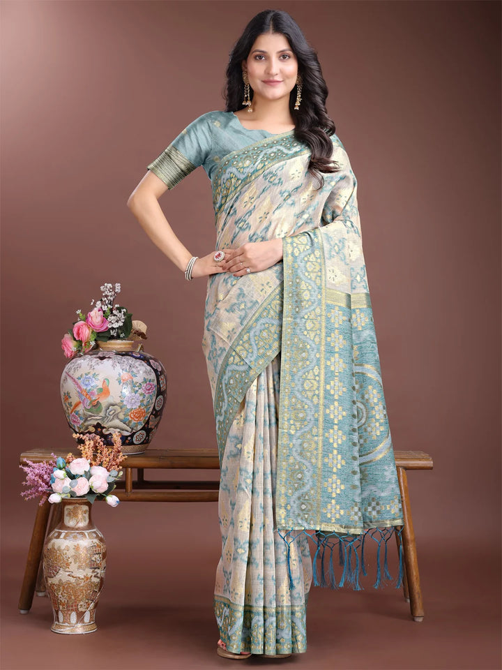 Stylish green ethnic saree in linen fabric

