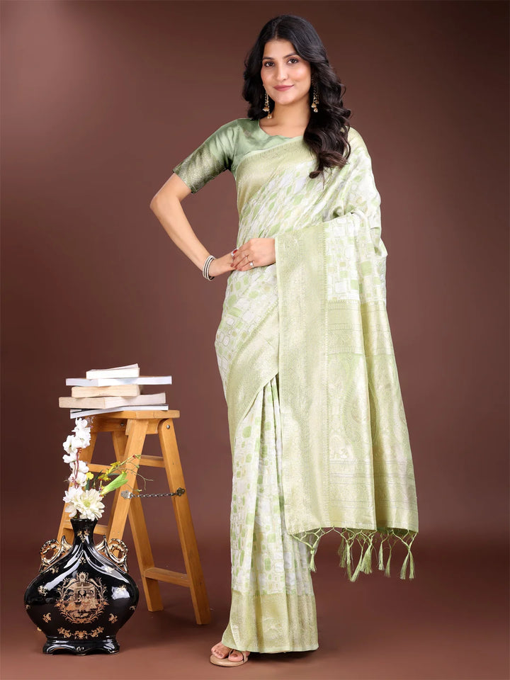 Stylish green linen saree with soft fabric