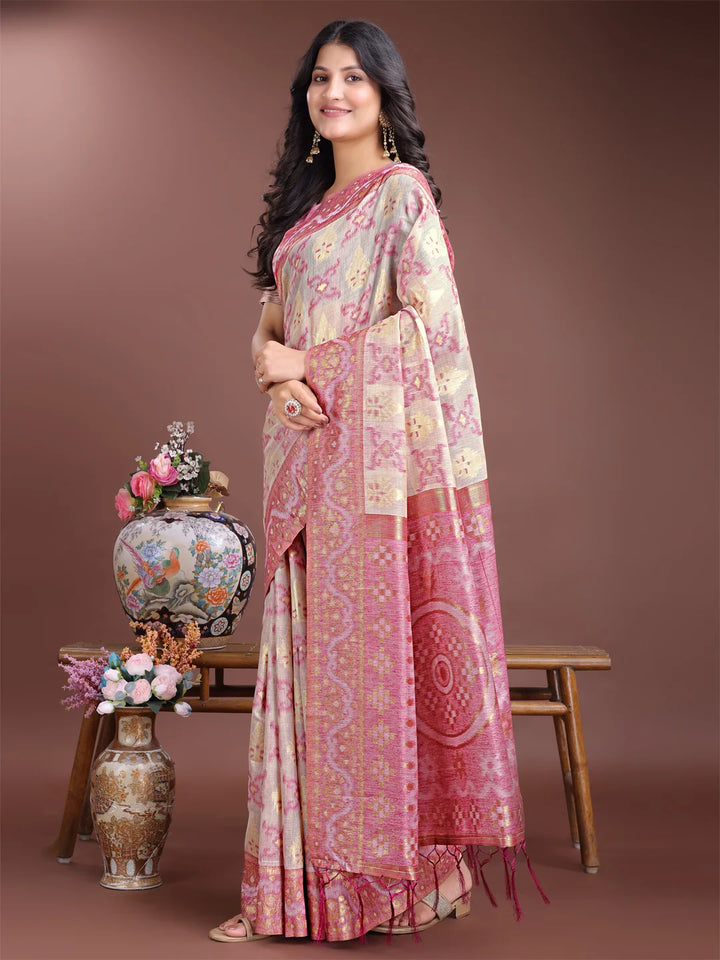 Stylish purple saree with woven ethnic motifs

