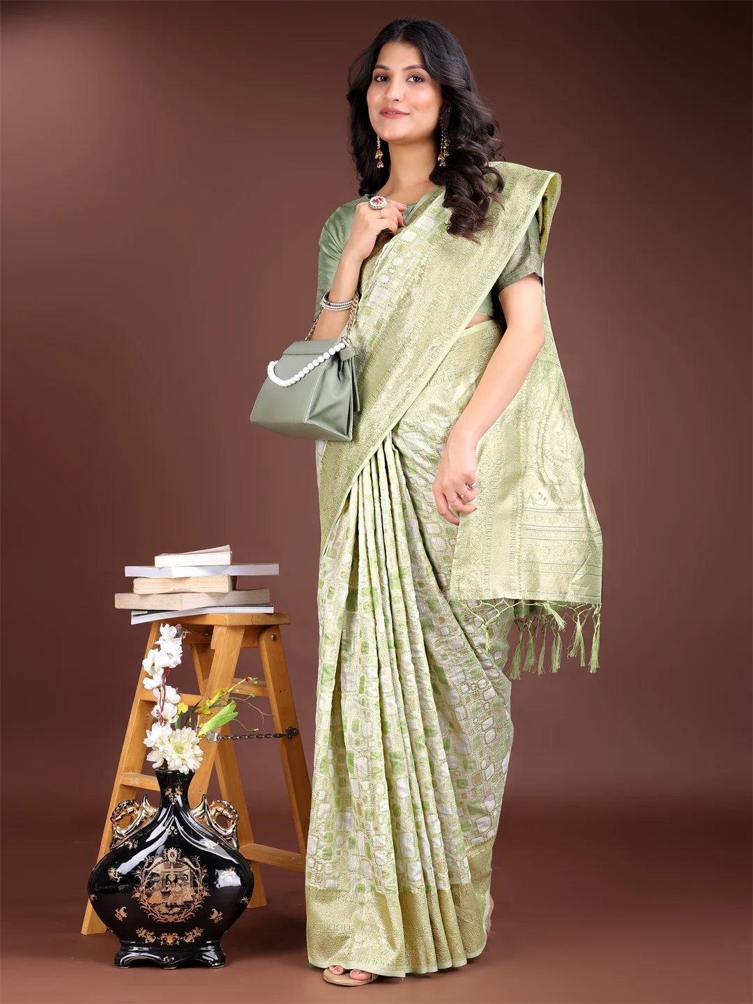 Subtle green woven jacquard saree with blouse