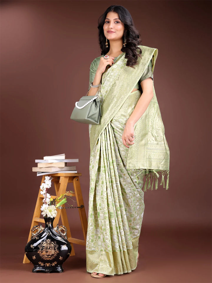 Subtle green woven jacquard saree with blouse
