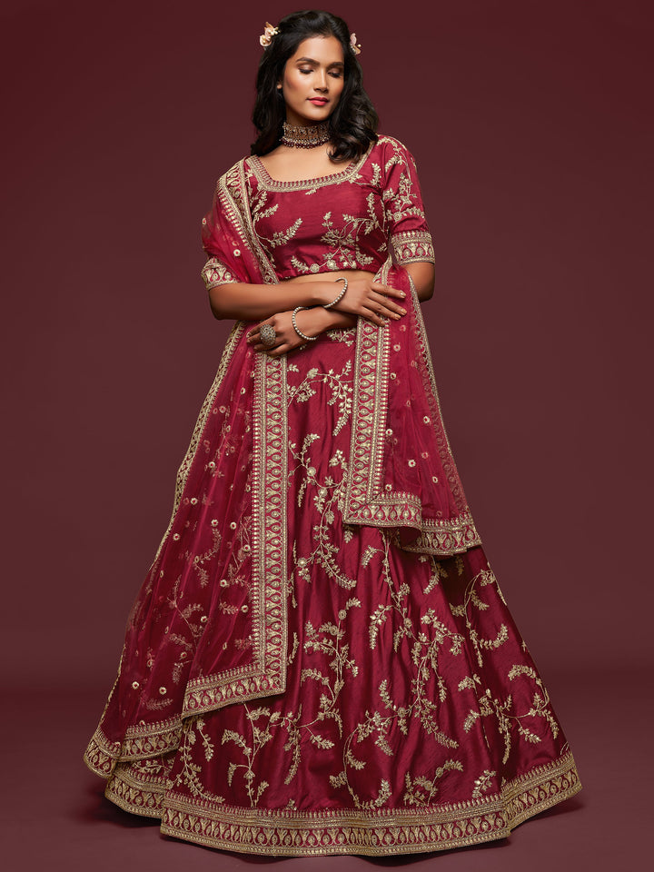 Maroon art silk lehenga with embroidery and sequin details for weddings.