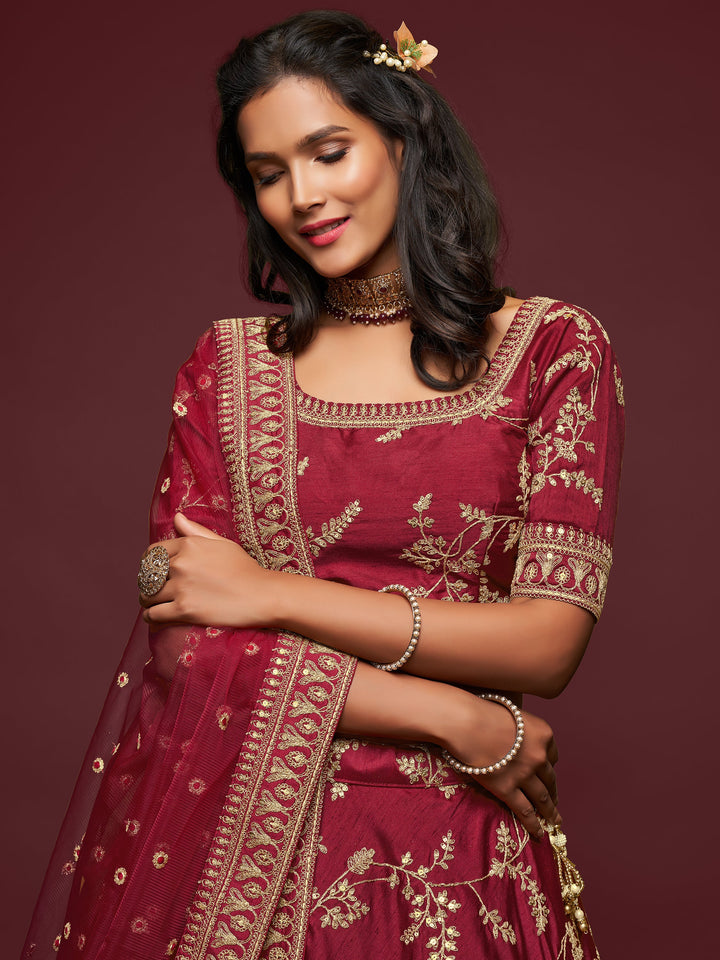 Modern maroon lehenga dress with dori work for wedding functions.