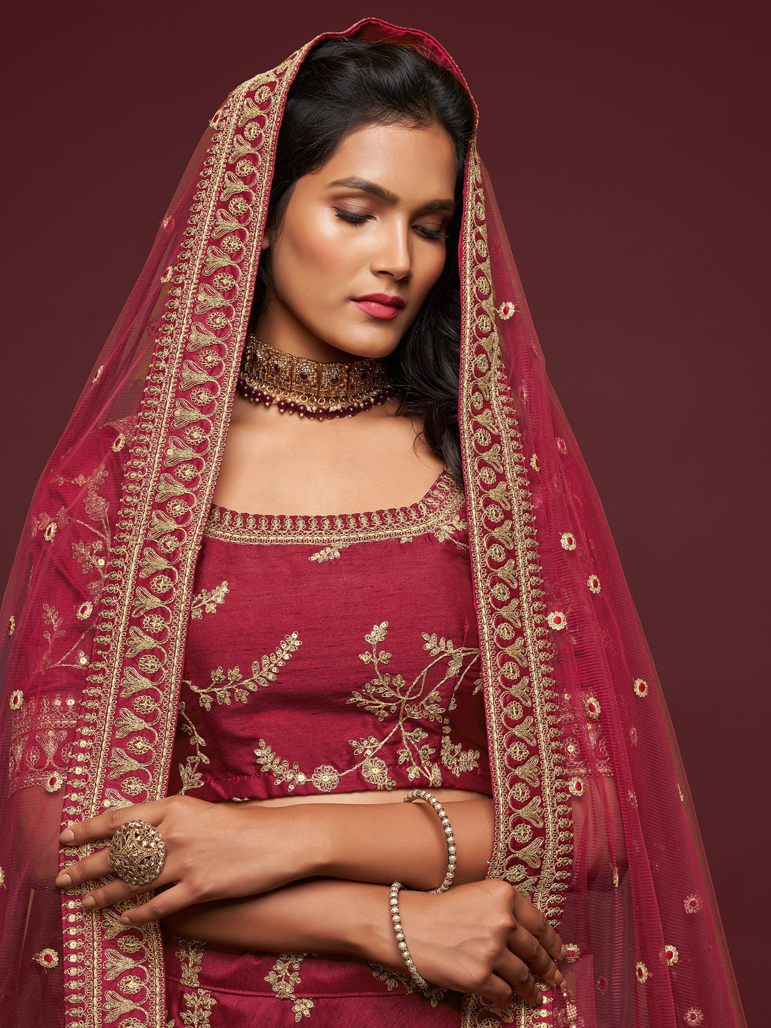 Elegant lehenga with attached can-can for weddings and receptions.