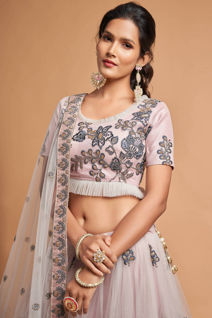 Grey lehenga with sequins work border dupatta for a beautiful bridal or party look.