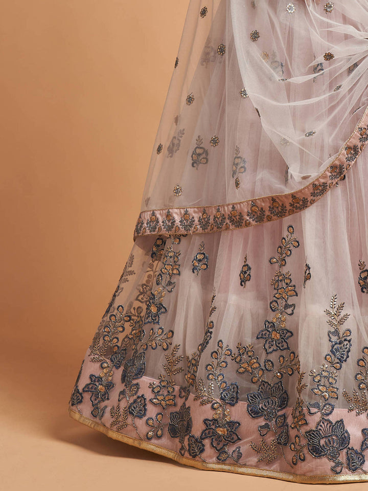 Grey lehenga for women featuring embroidery with zari, dori, and sequins for a modern touch.