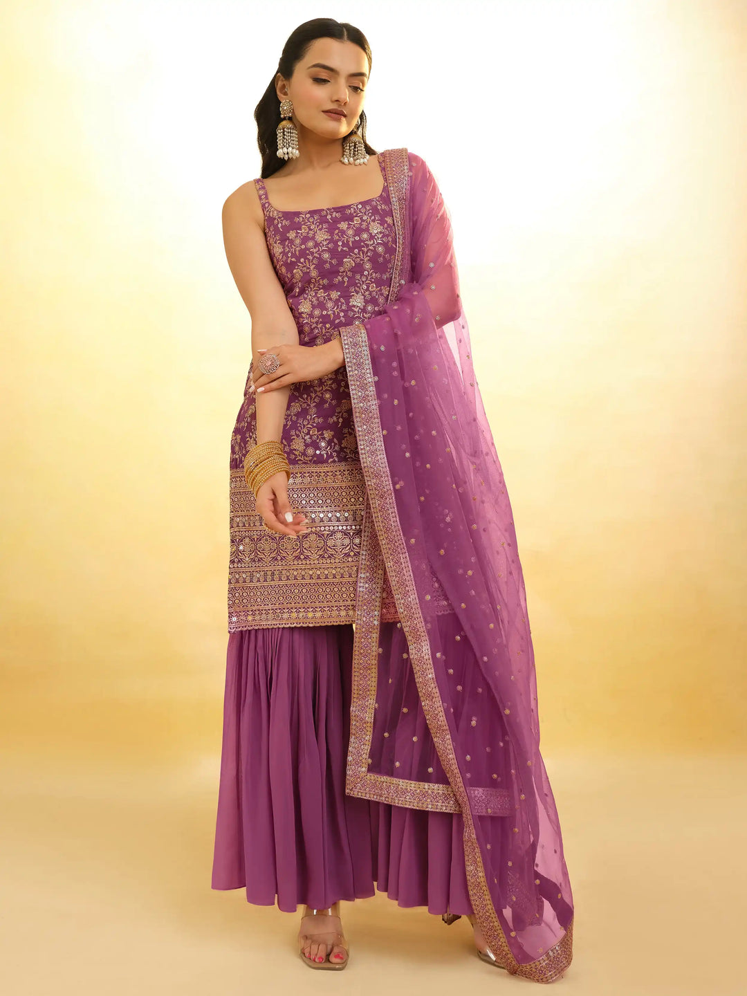 Stylish Purple Georgette Sharara Suit | Sequin and Embroidery Detailing