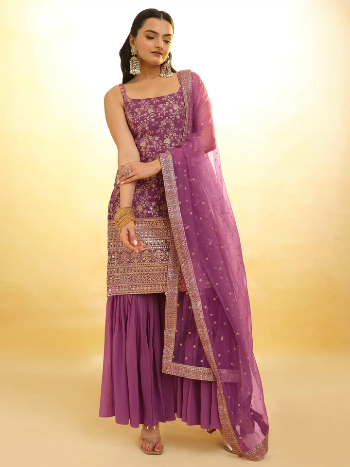 Stylish Purple Georgette Sharara Suit | Sequin and Embroidery Detailing