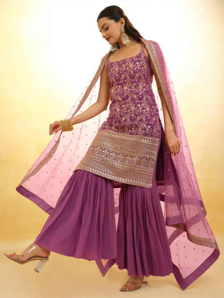 Stylish Purple Georgette Sharara Suit | Sequin and Embroidery Detailing