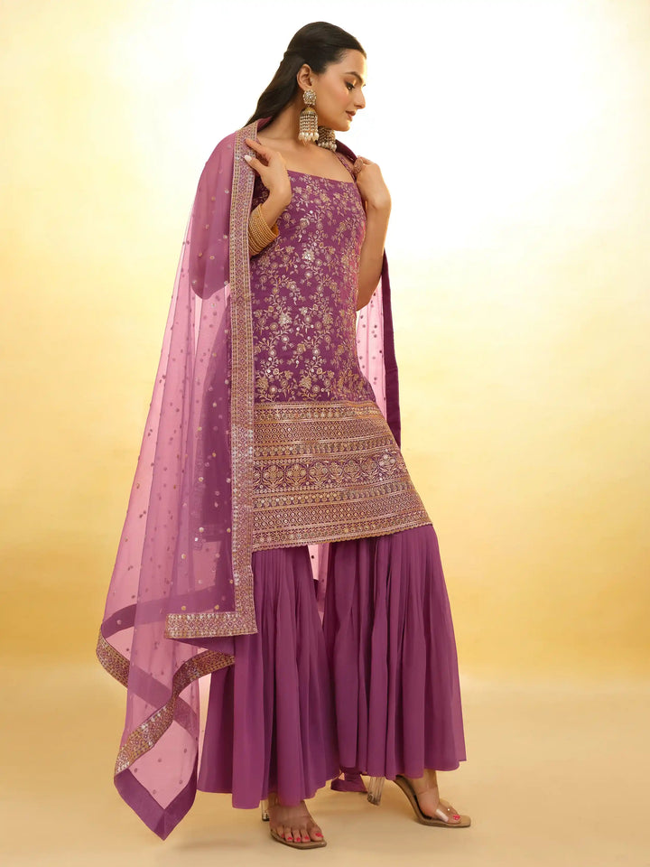 Stylish Purple Georgette Sharara Suit | Sequin and Embroidery Detailing