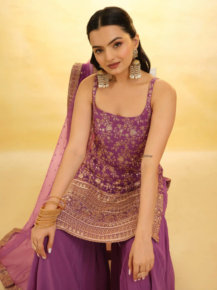 Stylish Purple Georgette Sharara Suit | Sequin and Embroidery Detailing