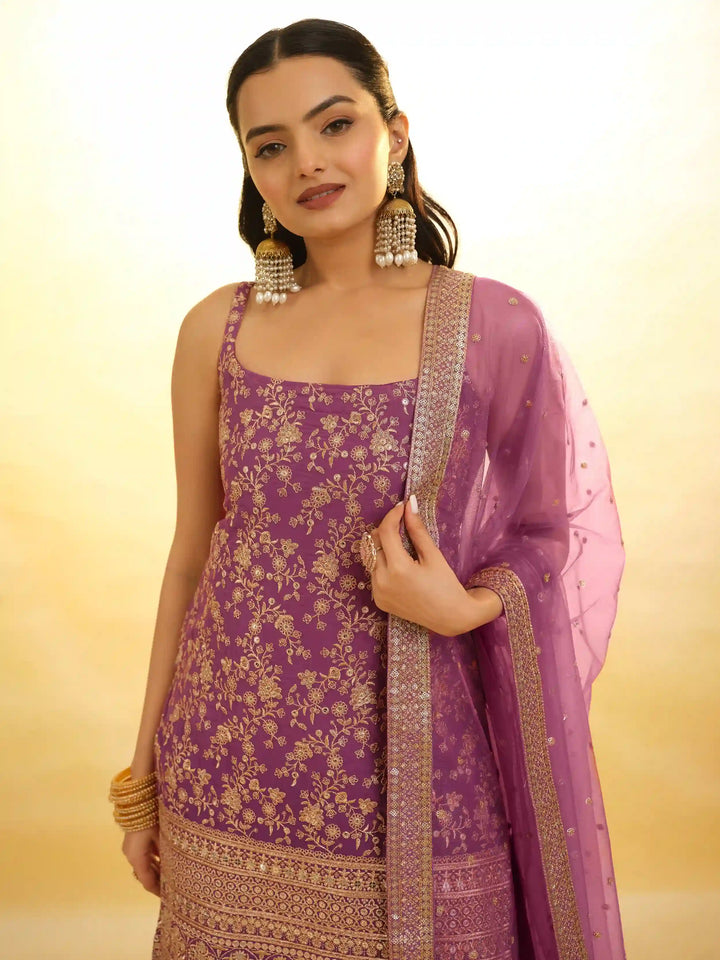 Stylish Purple Georgette Sharara Suit | Sequin and Embroidery Detailing