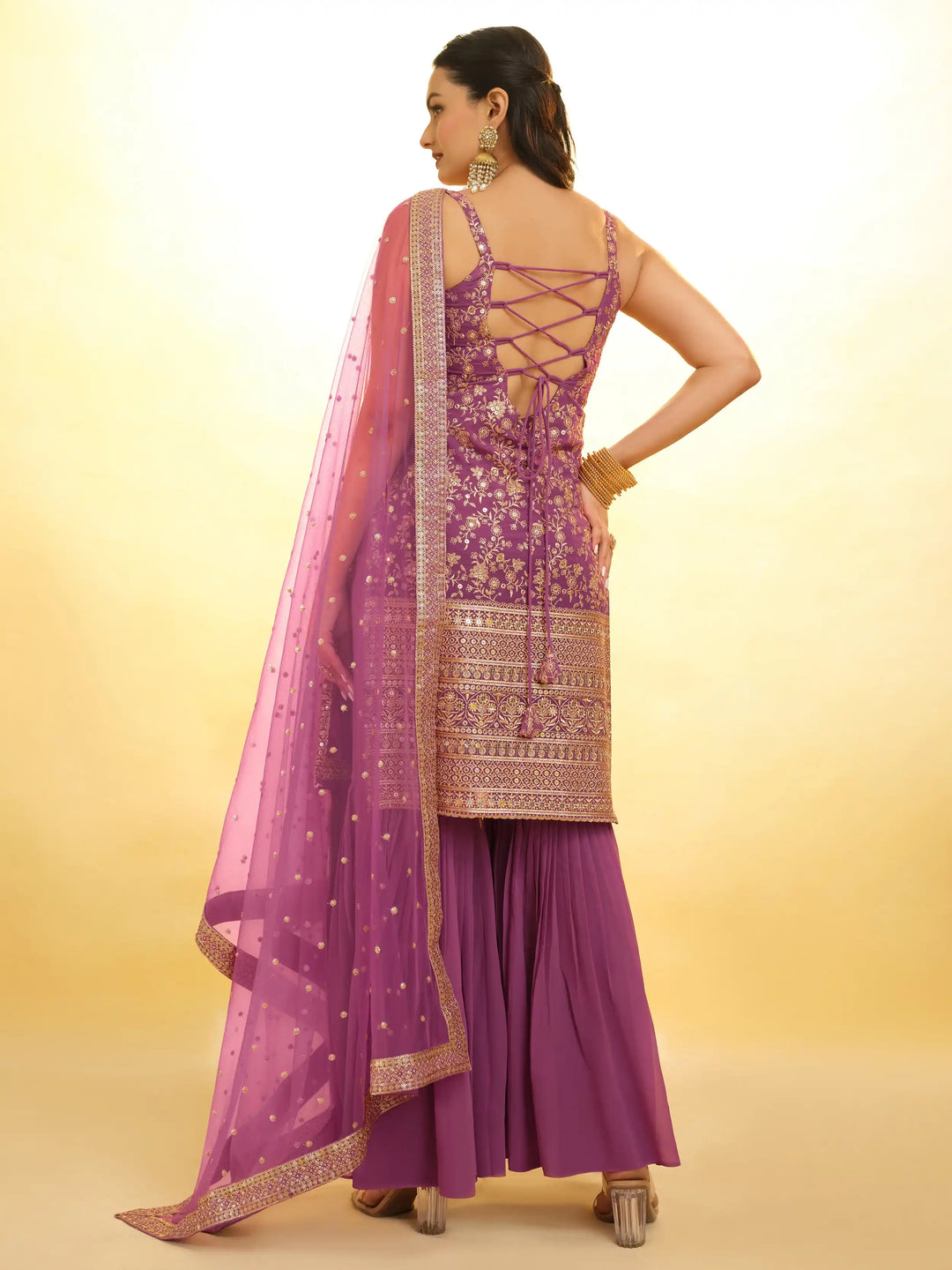 Stylish Purple Georgette Sharara Suit | Sequin and Embroidery Detailing