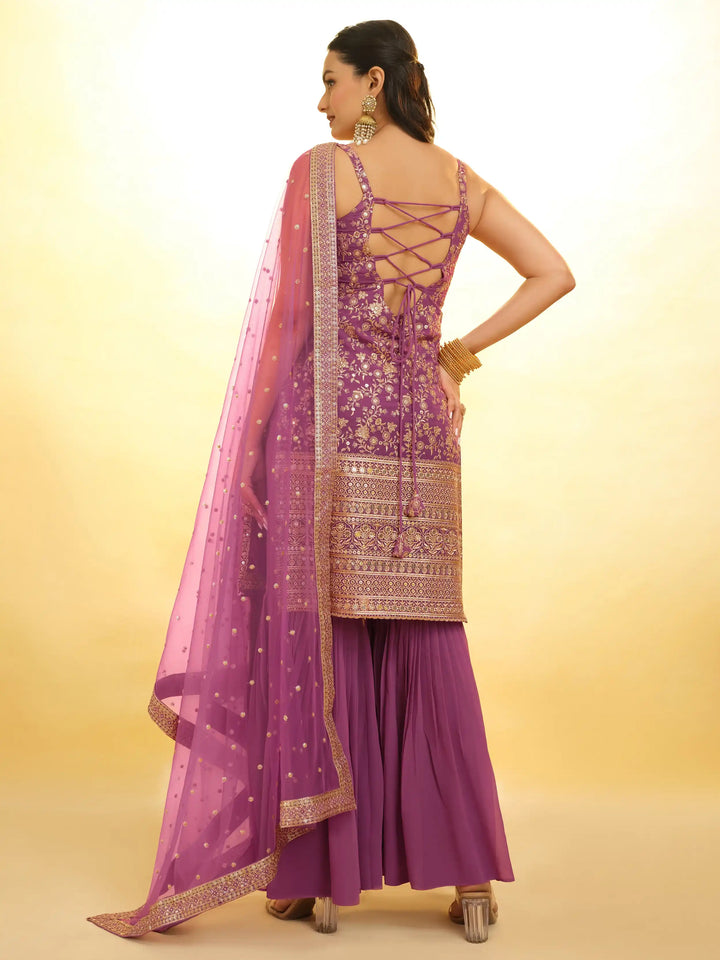 Stylish Purple Georgette Sharara Suit | Sequin and Embroidery Detailing