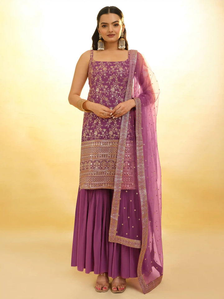 Stylish Purple Georgette Sharara Suit | Sequin and Embroidery Detailing