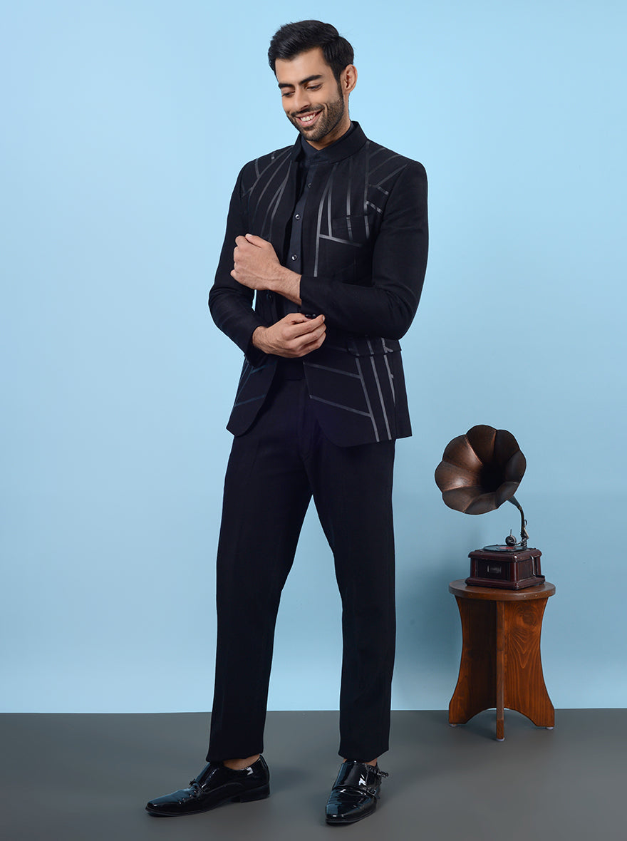 Experience elegance with our comfortable black Jodhpuri suit, perfect for special occasions.