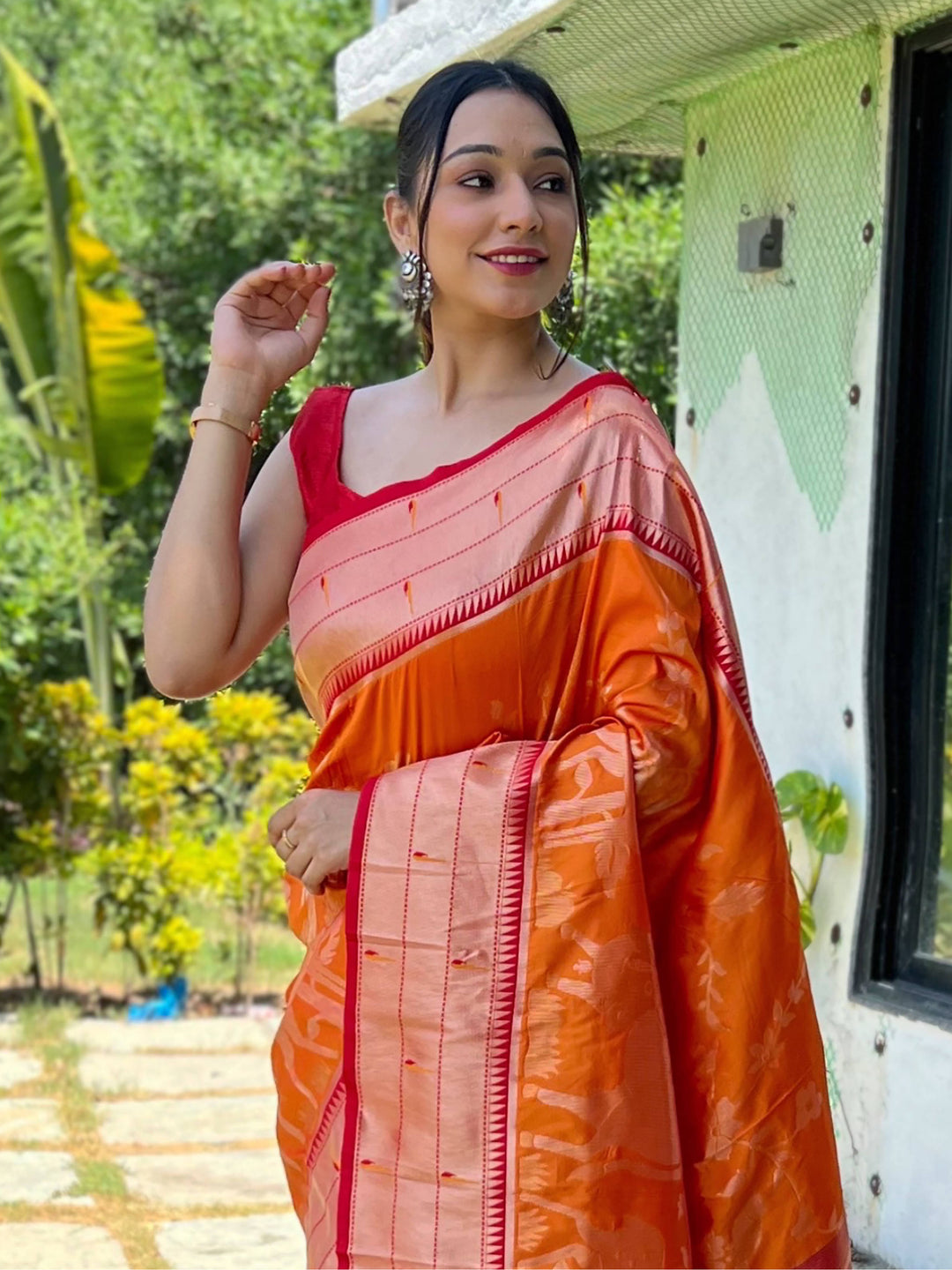 Enchanting Orange Woven Paithani Silk | Wedding Wear Saree With Blouse Style Statement