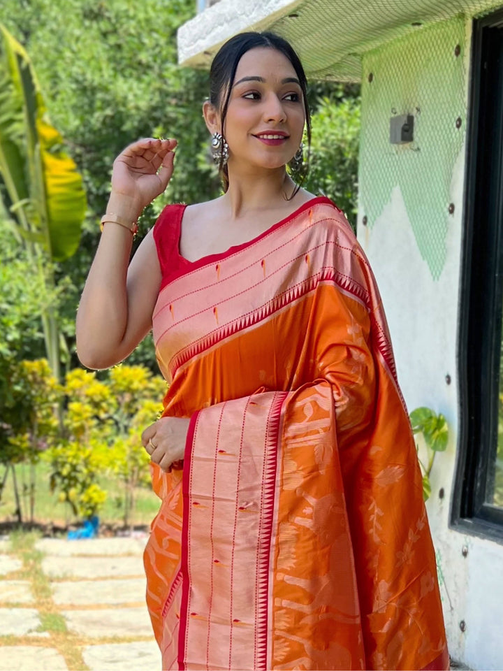 Enchanting Orange Woven Paithani Silk | Wedding Wear Saree With Blouse Style Statement