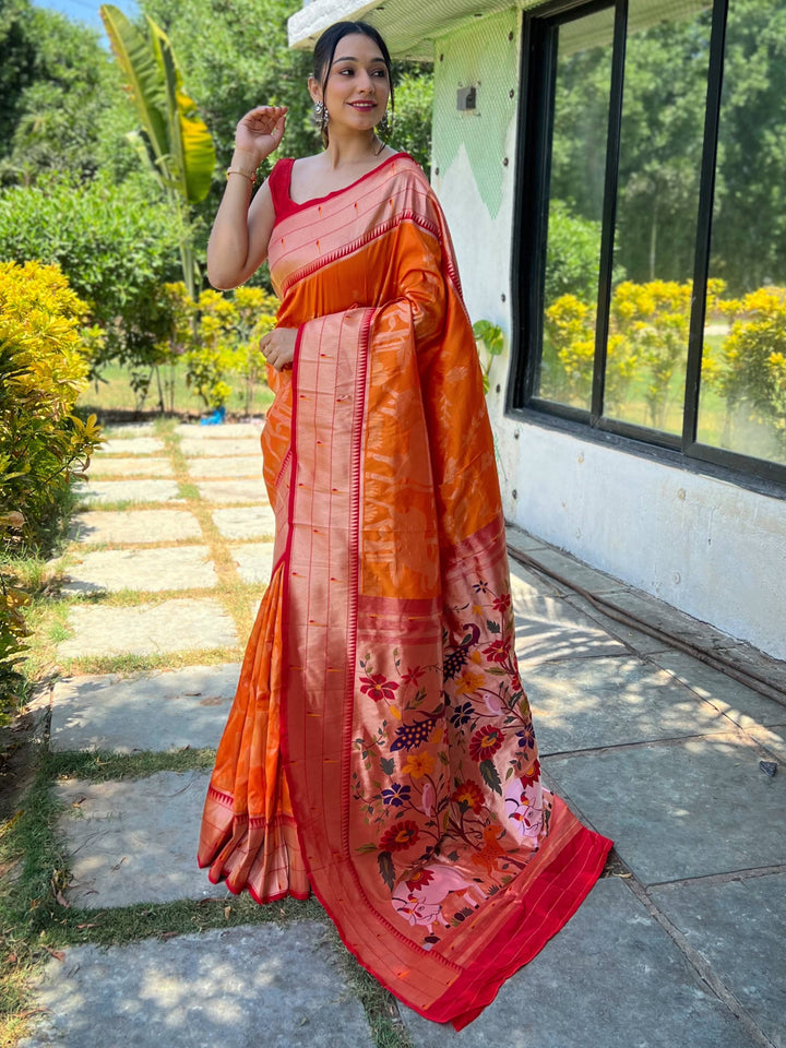 Enchanting Orange Woven Paithani Silk | Wedding Wear Saree With Blouse Style Statement