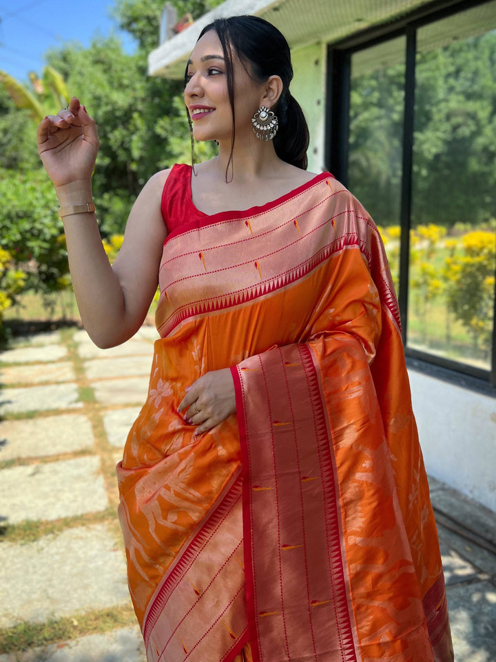 Enchanting Orange Woven Paithani Silk | Wedding Wear Saree With Blouse Style Statement