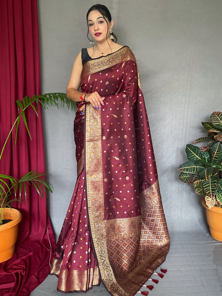 Glamorous Maroon Zari Woven Silk | Wedding Wear Saree With Blouse Trendy