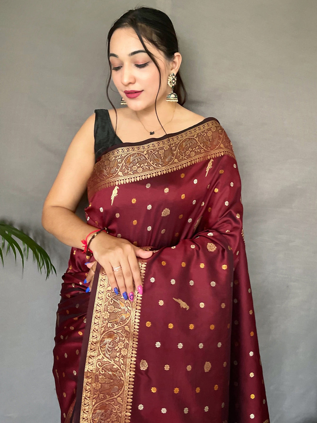 Glamorous Maroon Zari Woven Silk | Wedding Wear Saree With Blouse Trendy