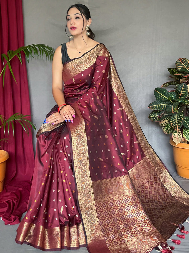 Glamorous Maroon Zari Woven Silk | Wedding Wear Saree With Blouse Trendy