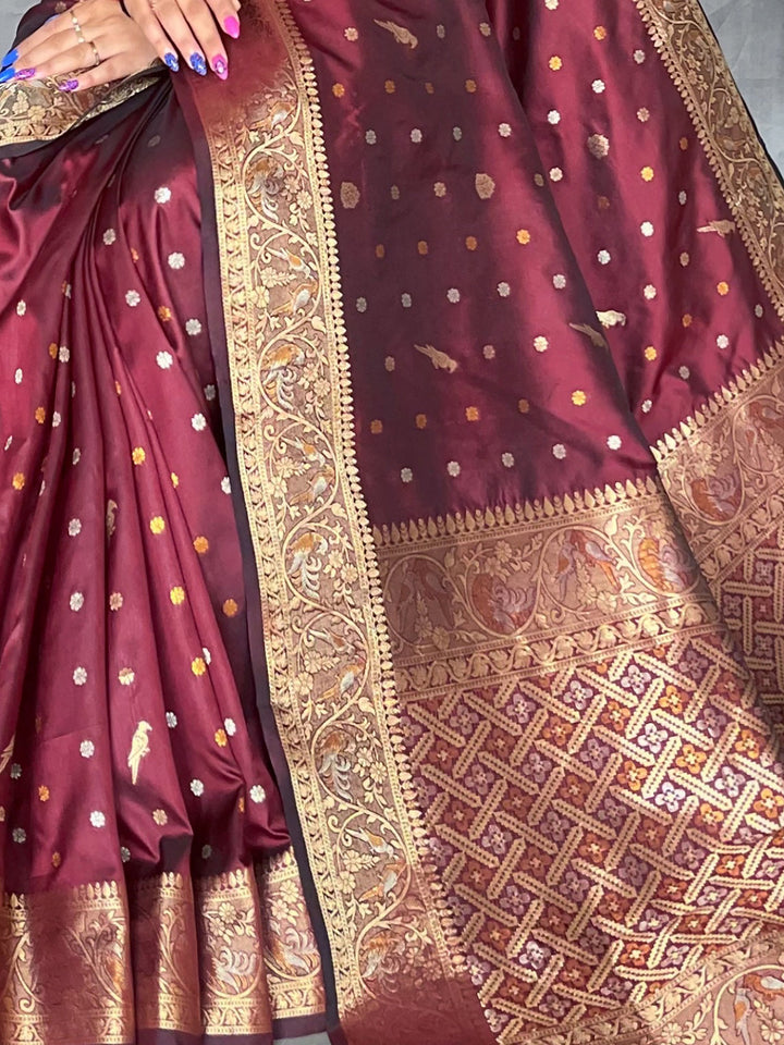 Glamorous Maroon Zari Woven Silk | Wedding Wear Saree With Blouse Trendy