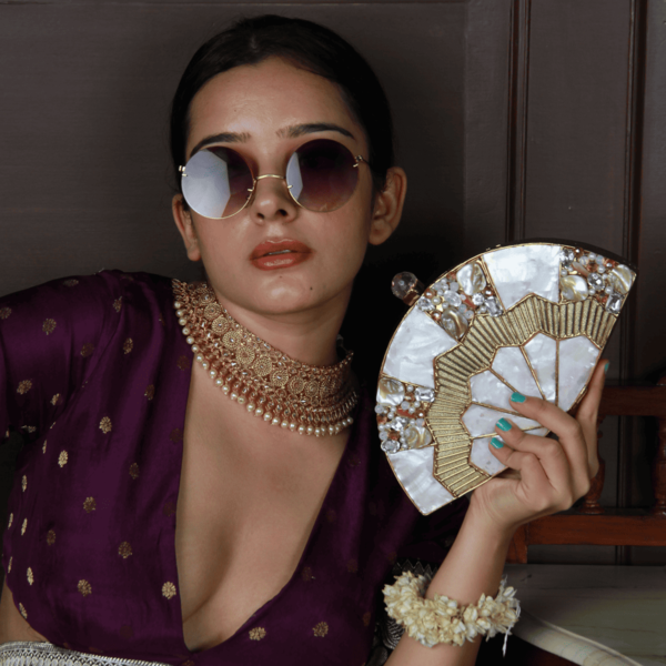 Pankh Brass Mother of Pearl Clutch | Boho-Chic Handcrafted Bag