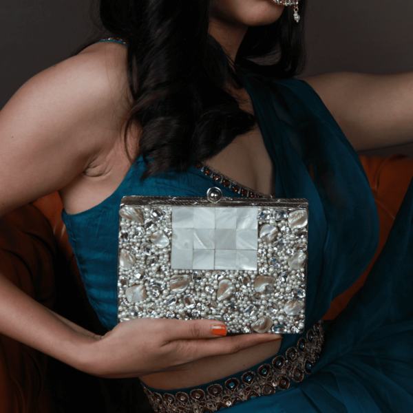 Zoya Embellished Brass Clutch | Elegant Mother of Pearl Design