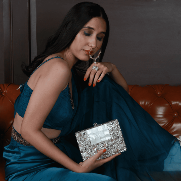 Zoya Embellished Brass Clutch | Elegant Mother of Pearl Design