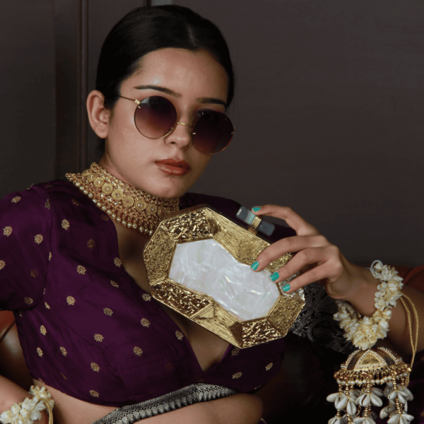 Inaayat Brass Mother of Pearl Clutch | Trendy Octagon-Shaped Bag