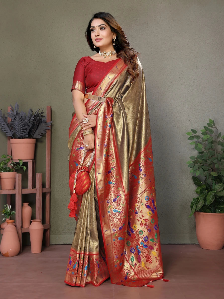 Tawny Brown Luxurious Banarasi Tissue Silk Saree with Paithani Designer Work Blouse
