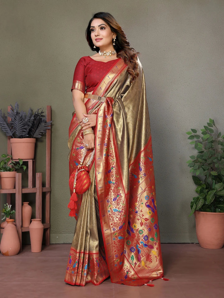 Tawny Brown Luxurious Banarasi Tissue Silk Saree with Paithani Designer Work Blouse
