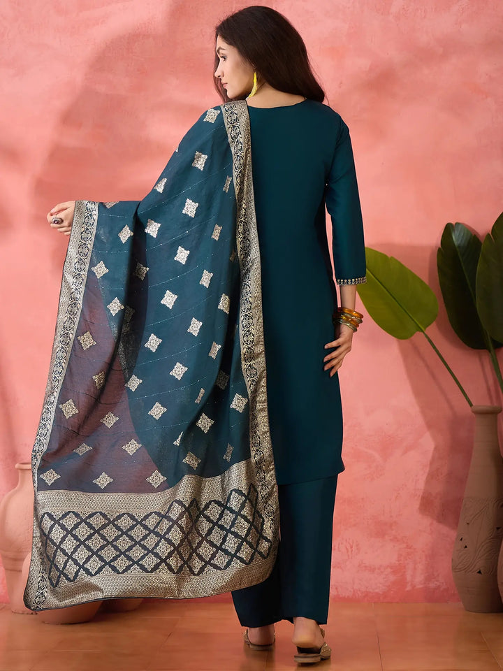 Teal Blue Embroidered Suit Set
