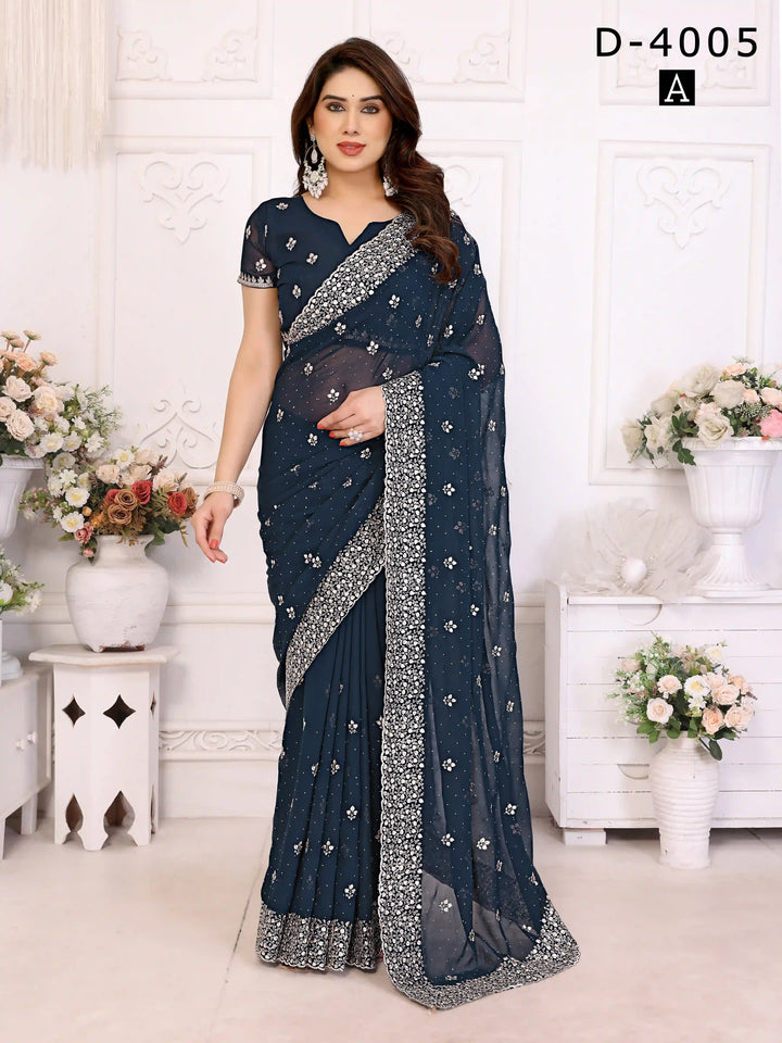 Teal Blue Georgette Saree with Zari & Stone Embellishments | Silverbin

