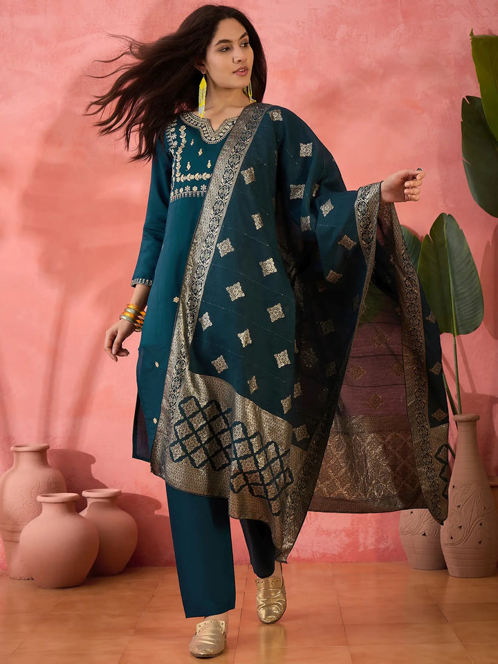 Teal Blue Roman Silk Readymade Suit