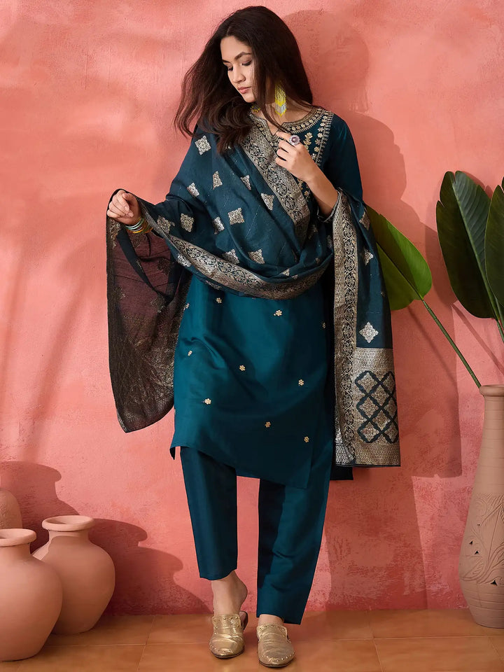 Teal Blue Suit with Jacquard Dupatta