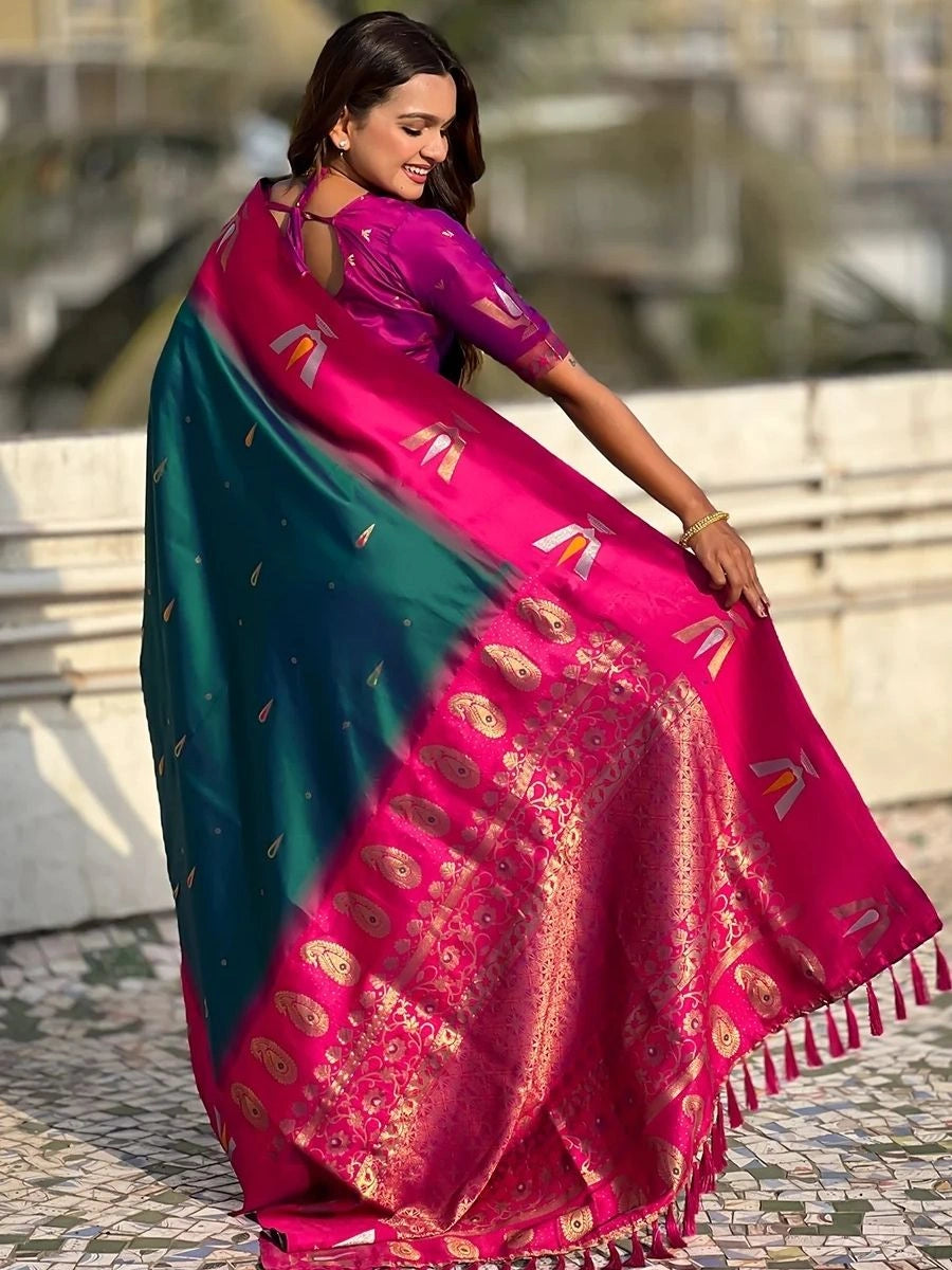 Teal Green Soft Silk Saree with Matching Blouse  