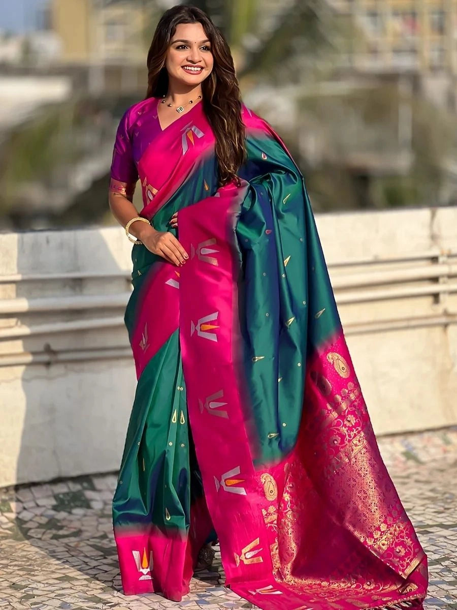 Teal Green Soft Silk Saree with Matching Blouse by Silverbin

