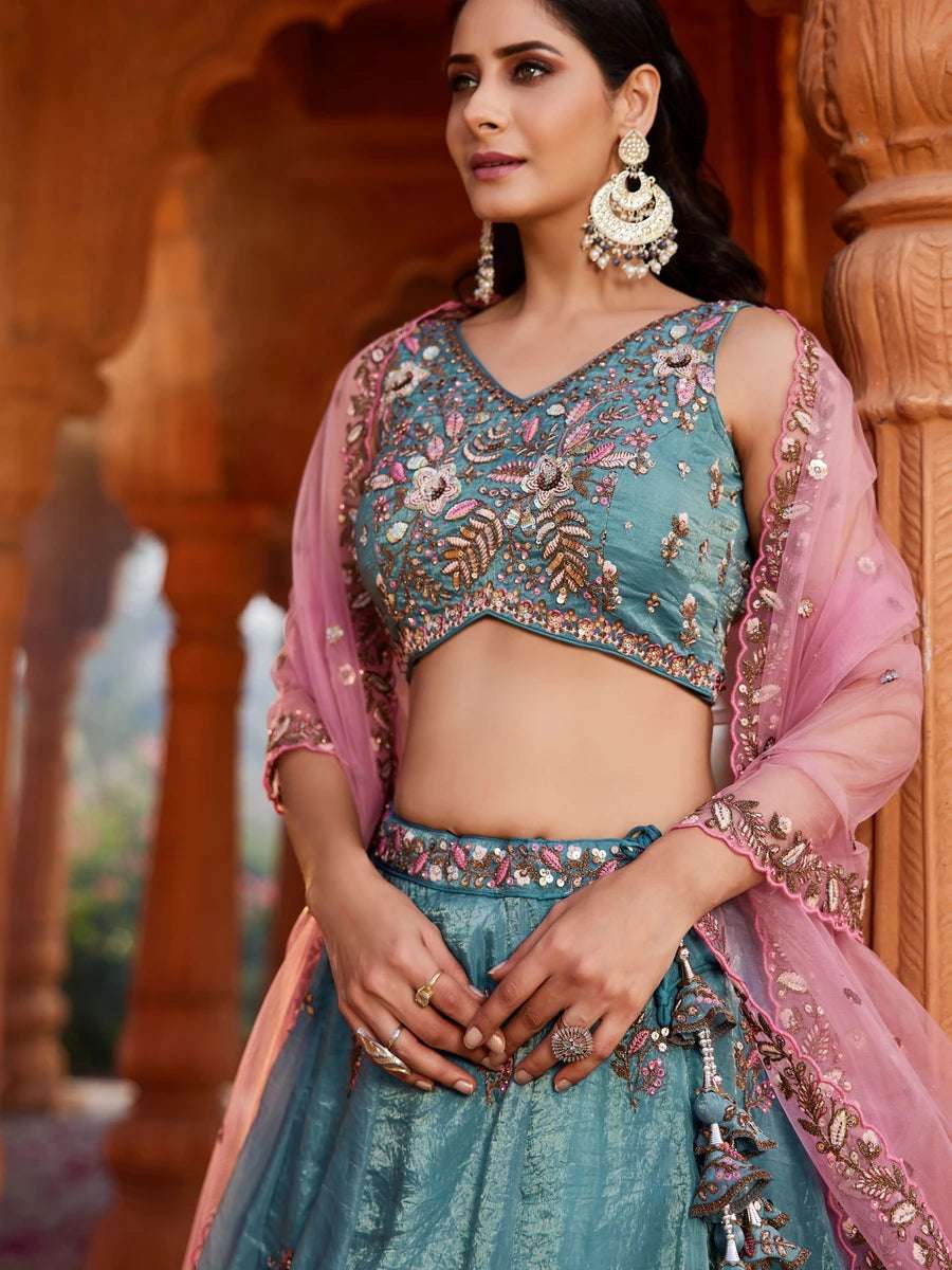 Teal blue embellished bridal lehenga
