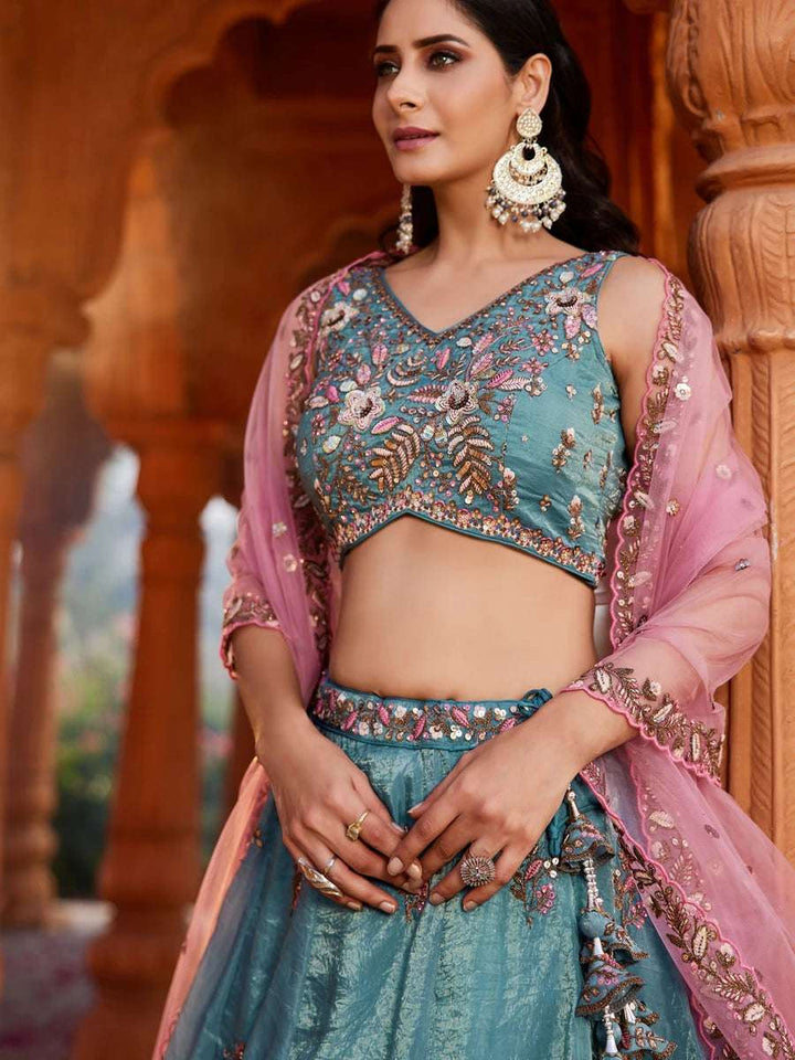 Teal blue embellished bridal lehenga