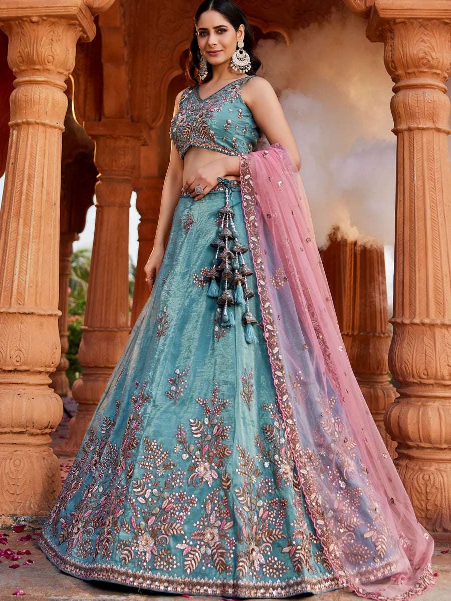 Teal blue lehenga with stone & bead work