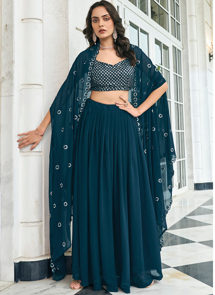 Teal georgette lehenga with dupatta