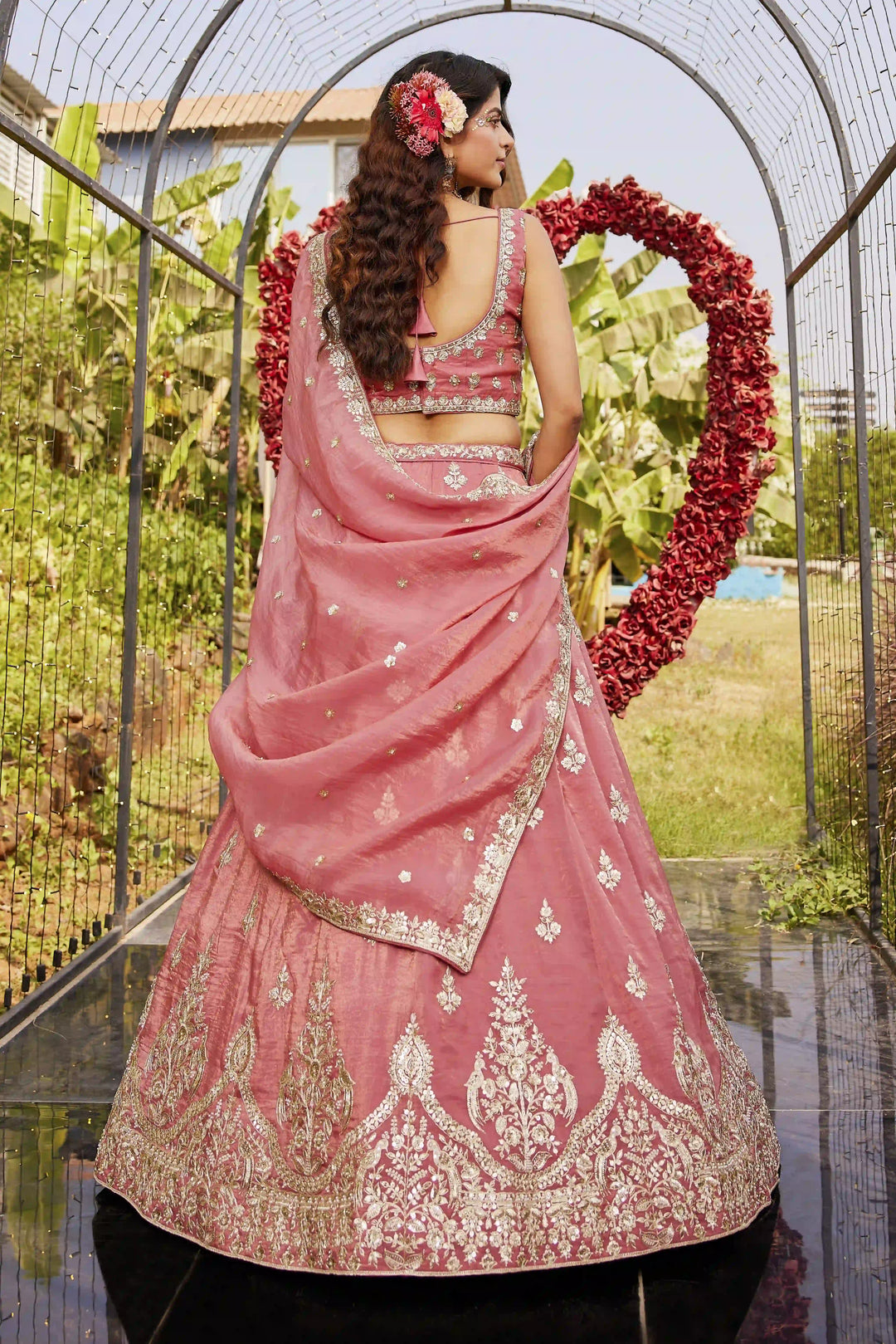 Thread embroidered coral pink lehenga