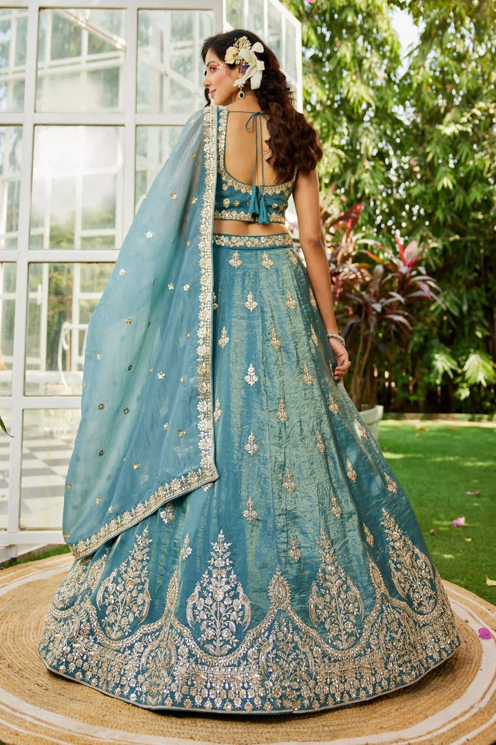 Thread embroidered sea blue lehenga choli