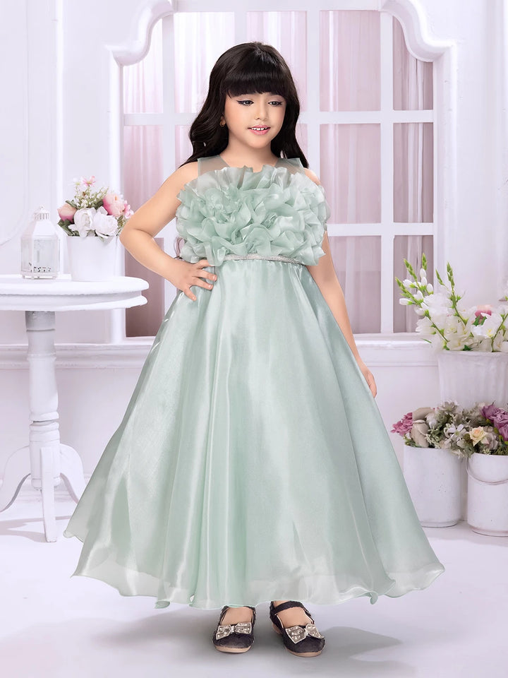 Beautiful Sea Green Satin Frock | Festive Wear for Girls