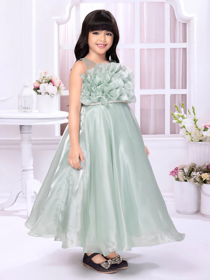 Beautiful Sea Green Satin Frock | Festive Wear for Girls